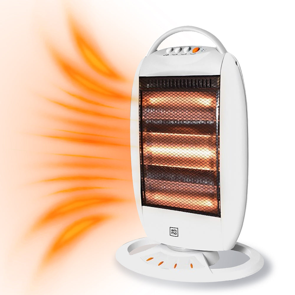 Estufa Halógena 1200W, 3 Pontencias de Calor, Calefactor Halógena de Bajo Consumo, Estufa Calentamiento Silenciosa, Diseño Compacto Portátil, Rotación 180º, Protección Contra Vuelcos