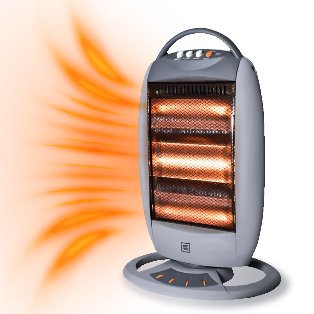 Estufa Halógena 1200W, 3 Pontencias de Calor, Calefactor Halógena de Bajo Consumo, Estufa Calentamiento Silenciosa, Diseño Compacto Portátil, Rotación 180º, Protección Contra Vuelcos