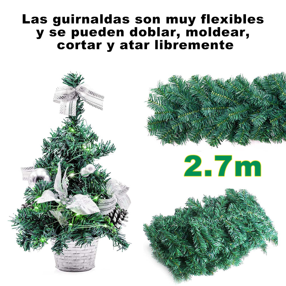 Guirnalda de Navidad Artificial, 2.7m PVC Guirnalda de Abeto Guirnalda de Pino Frondoso, Navidad Decoradas al Aire Libre de Interior para la Fiesta de Navidad Chimenea Escalera
