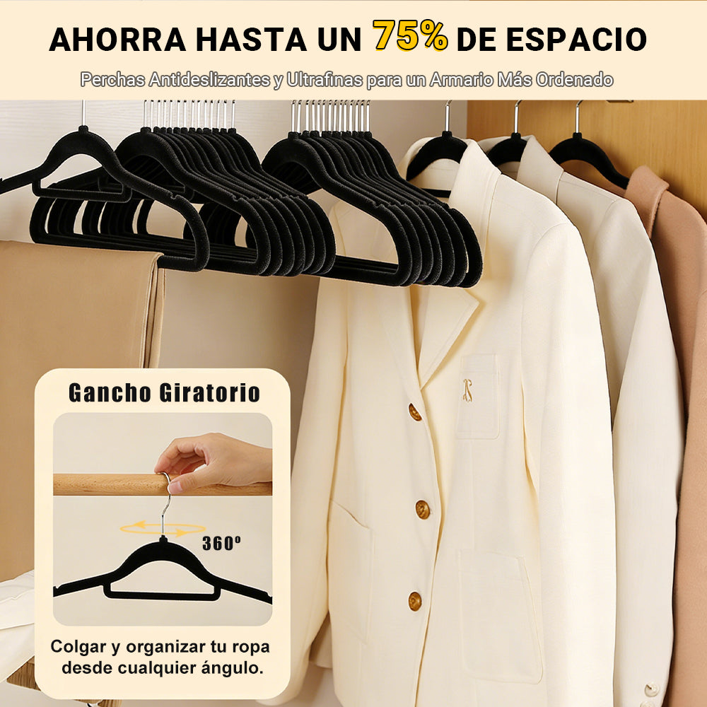 AYA MARKT Perchas de Terciopelo Antideslizantes y Ultrafinas | Perchas Negras Duraderas con Gancho Giratorio 360° | Perchas para Abrigos, Camisas y Pantalones