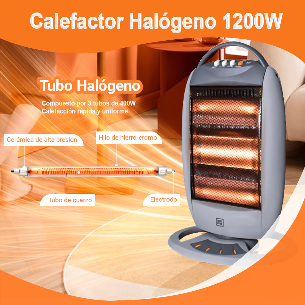 Estufa Halógena 1200W, 3 Pontencias de Calor, Calefactor Halógena de Bajo Consumo, Estufa Calentamiento Silenciosa, Diseño Compacto Portátil, Rotación 180º, Protección Contra Vuelcos