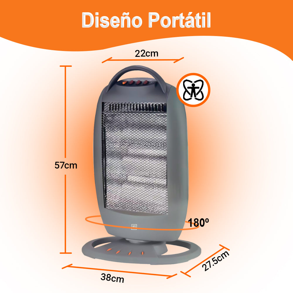 Estufa Halógena 1200W, 3 Pontencias de Calor, Calefactor Halógena de Bajo Consumo, Estufa Calentamiento Silenciosa, Diseño Compacto Portátil, Rotación 180º, Protección Contra Vuelcos