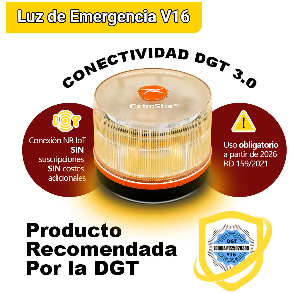 Luz de Emergencia V16 con Geolocalización y Luz Potente, Exigible a partir de 2026, Conectada con DGT 3.0, Señal V-16 para Coches, plan de datos incluido