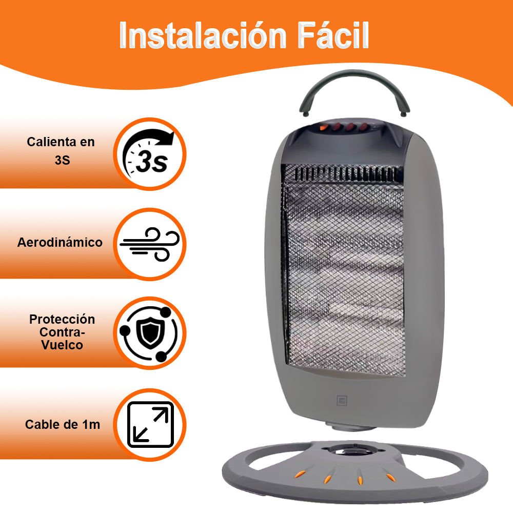 Estufa Halógena 1200W, 3 Pontencias de Calor, Calefactor Halógena de Bajo Consumo, Estufa Calentamiento Silenciosa, Diseño Compacto Portátil, Rotación 180º, Protección Contra Vuelcos