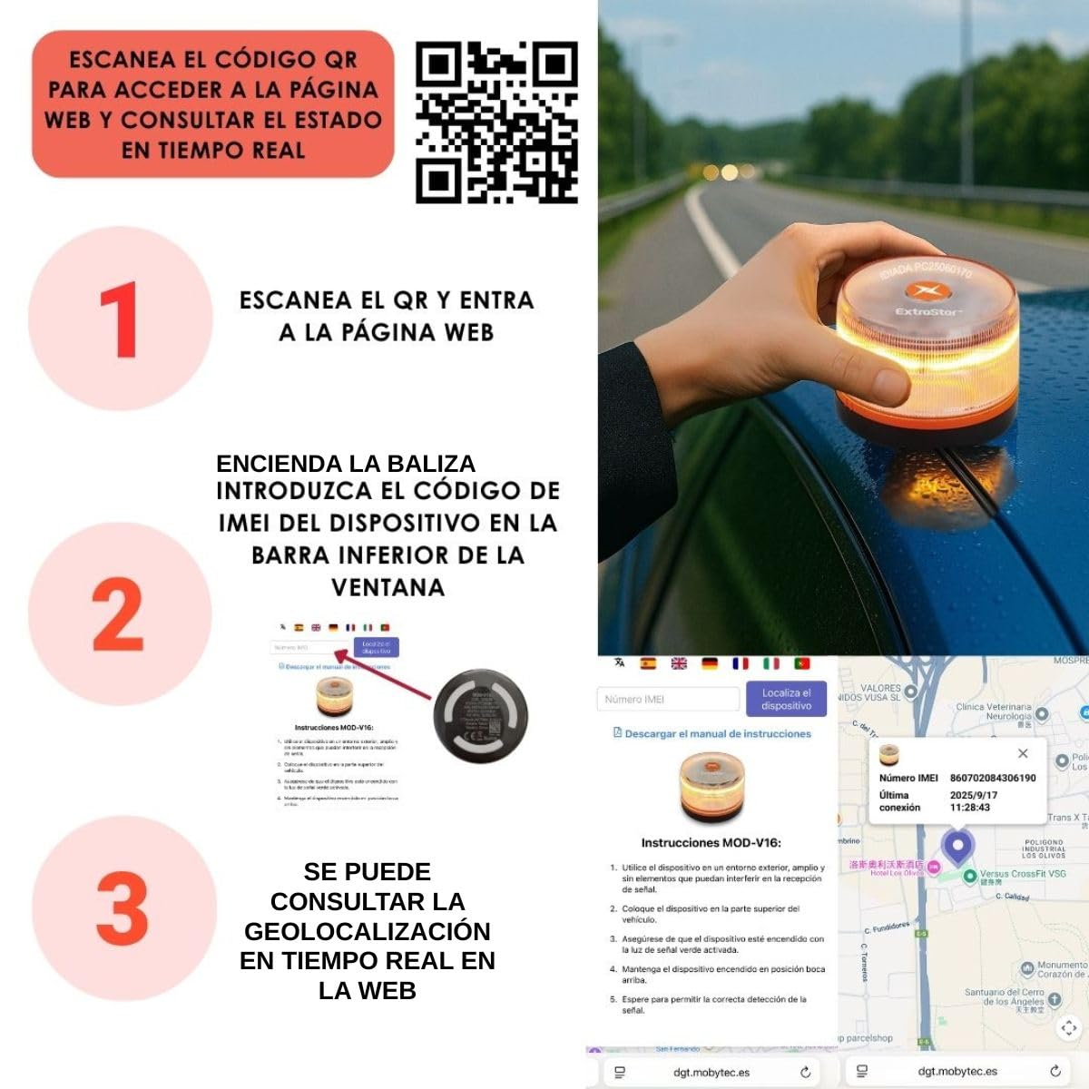 Luz de Emergencia V16 con Geolocalización y Luz Potente, Exigible a partir de 2026, Conectada con DGT 3.0, Señal V-16 para Coches, plan de datos incluido