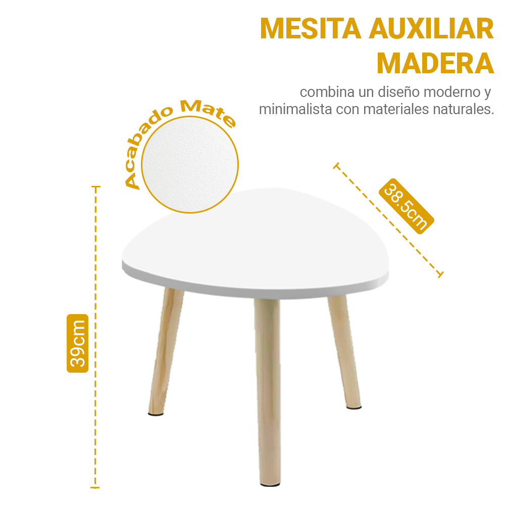 Mesa Auxiliar de Madera Pequeña,Mesa de Centro Triangular, Mesa Minimalista Moderna, Mesita de Café con Patas de Madera de Pino, Estilo Escandinavo, Montaje Fácil, 38.5 x 40cm