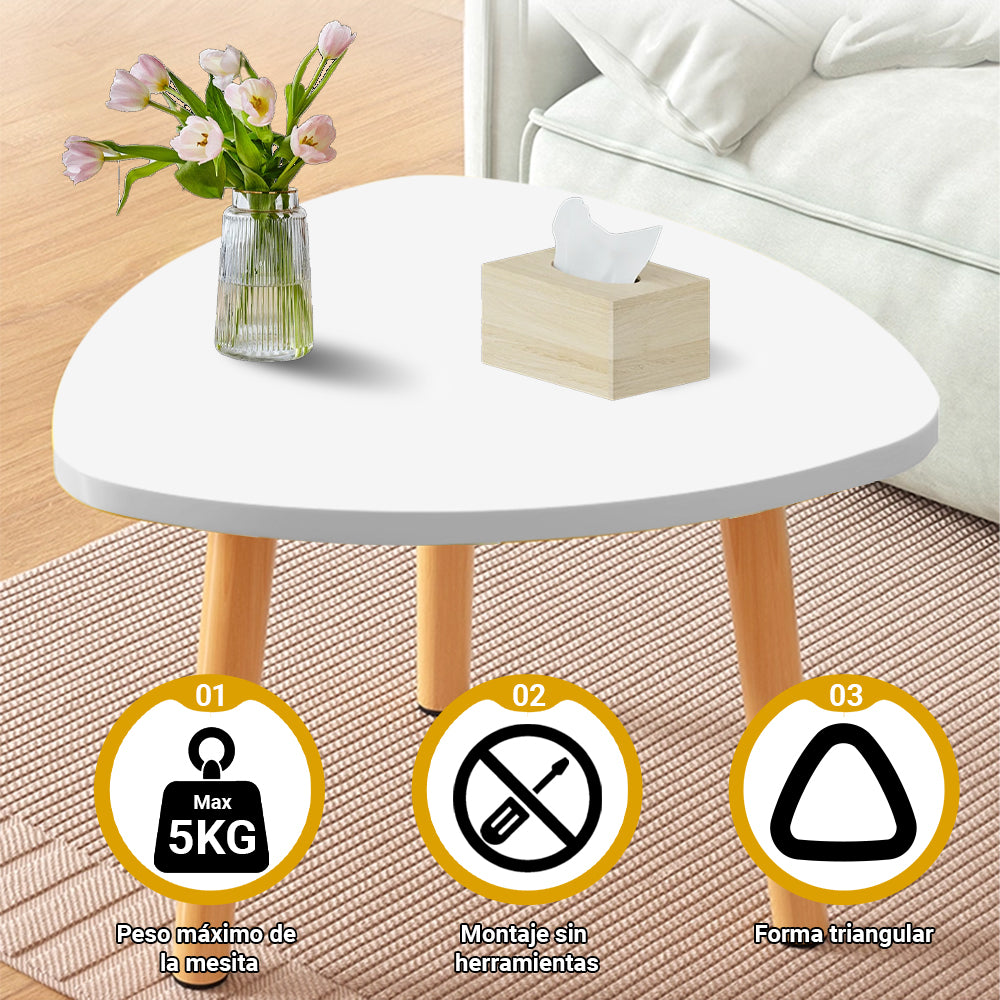 Mesa Auxiliar de Madera Pequeña,Mesa de Centro Triangular, Mesa Minimalista Moderna, Mesita de Café con Patas de Madera de Pino, Estilo Escandinavo, Montaje Fácil, 38.5 x 40cm